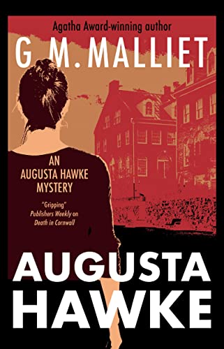 Book cover: woman’s back, red building, bold white text “Augusta Hawke”.