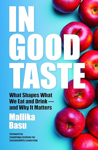 Book cover titled In Good Taste with red apples on a blue background.
