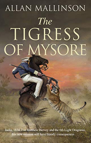 Historical fiction book cover: soldier on horseback fighting a tiger.