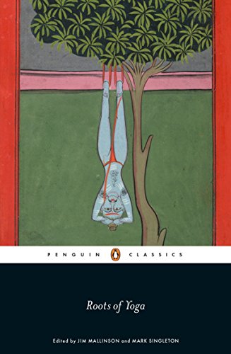 "Book cover: 'Roots of Yoga' with illustration of a person hanging upside down from a tree."