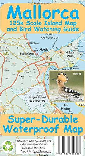Colourful map of Mallorca with bird illustrations and guidebook text on a durable cover.