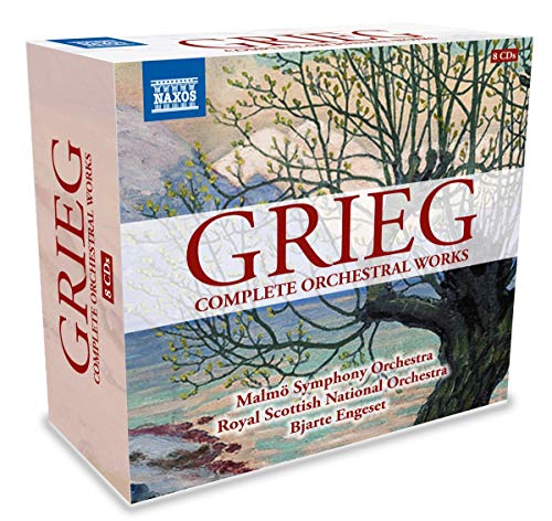 Grieg Complete Orchestral Works 8-CD box set featuring a landscape painting of a tree.