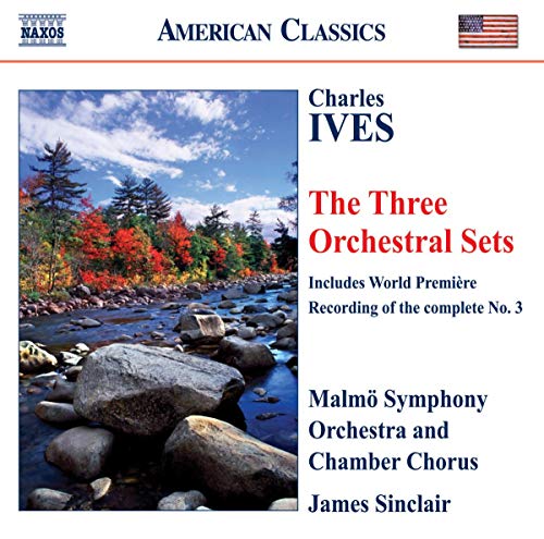 CD cover showing a river with rocks and autumn trees, titled Charles Ives Orchestral Sets.