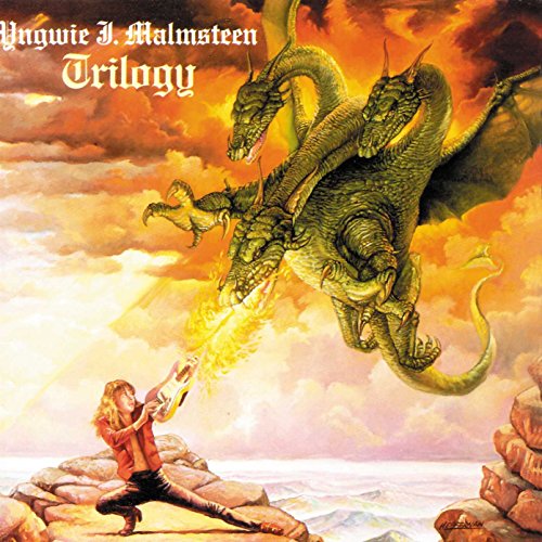 A guitarist plays a flaming guitar toward a three-headed dragon in a sunset sky.