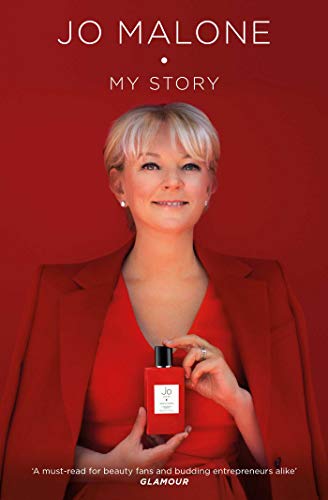 Book cover featuring Jo Malone in a red outfit holding a red perfume bottle.