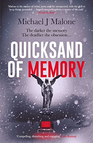 Book cover featuring a stone angel statue in falling snow with red text overlay.