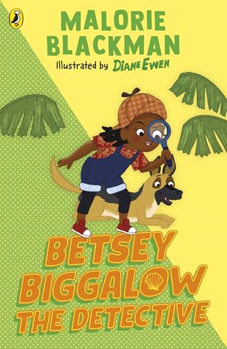 Book cover: girl with magnifying glass and dog, bright yellow background.