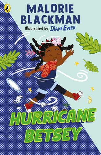 Book cover for Hurricane Betsey showing a young girl jumping amidst swirling wind leaves.