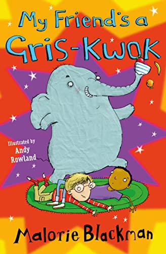 Book cover: a large blue elephant, a boy, and a small yellow creature.