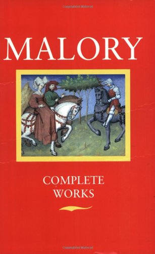 Red book cover featuring medieval knights on horseback, titled "Malory.
