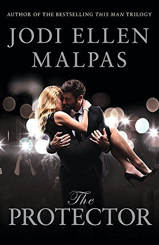 Couple embracing, man carrying woman, book cover with title “The Protector”.