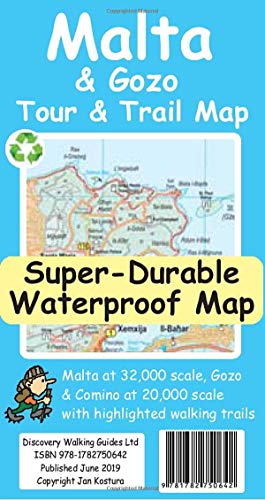 Colourful map showing Malta and Gozo islands with trails, roads, and tourist information.