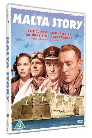 DVD cover for "Malta Story" featuring four actors and a coastal town.