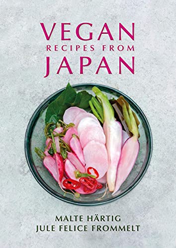 Book cover titled Vegan Recipes from Japan featuring a bowl of sliced pink radishes.