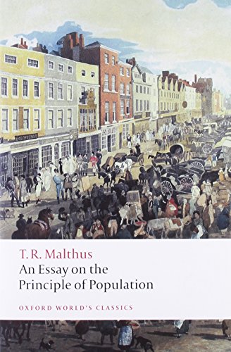 Book cover with 18th-century street scene and title: "An Essay on the Principle of Population".