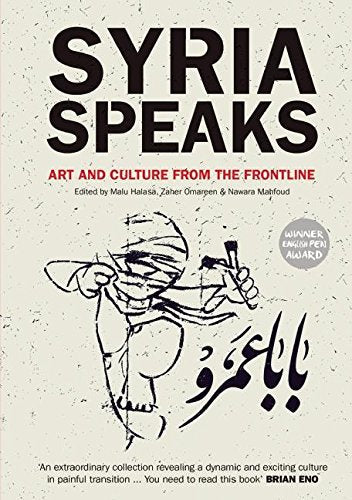 Book cover: “Syria Speaks” with sketch of a figure holding a pen.