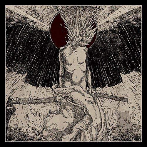 Dark, detailed illustration of a winged figure with a red orb background.