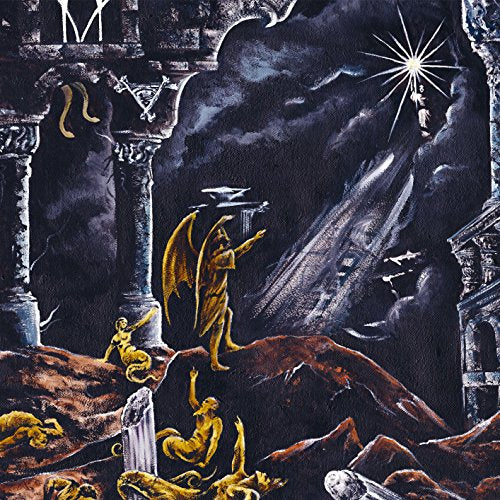 Dark fantasy painting of winged figures amidst crumbling architecture.