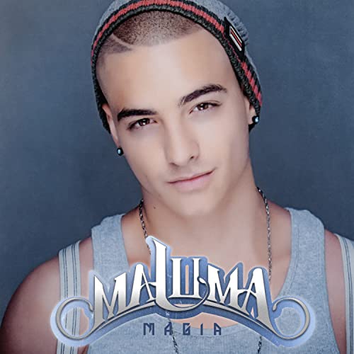 Maluma portrait with “Magia” album title overlayed in stylized script.