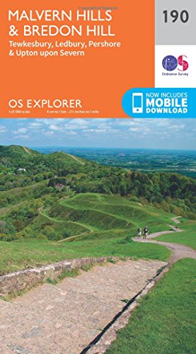 Ordnance Survey Explorer map 190 of Malvern Hills and Bredon Hill with landscape photo.