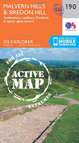 Ordnance Survey Explorer Active Map 190 of Malvern Hills and Bredon Hill.