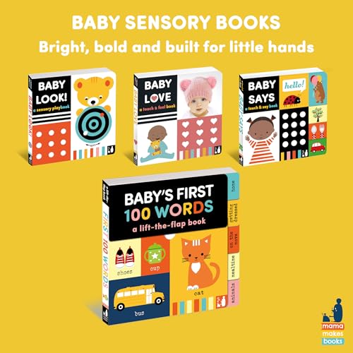 Four baby board books displayed against a yellow background with text at the top.