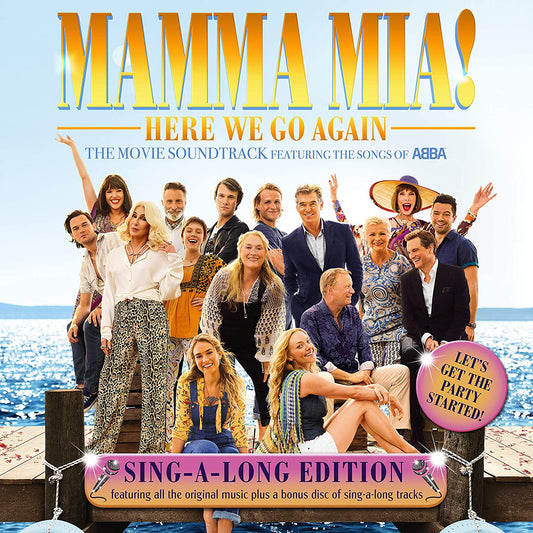 "Mamma Mia! Here We Go Again" CD cover featuring a group of people on a dock.