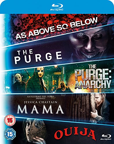 Blu-ray cover featuring posters for the horror films As Above So Below, Purge, and Mama.