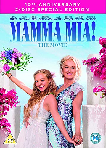 “Mamma Mia!” DVD cover featuring Meryl Streep and Amanda Seyfried in wedding attire.