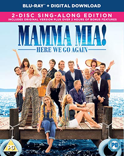Mamma Mia! Here We Go Again" Blu-ray cover with cast on a dock.
