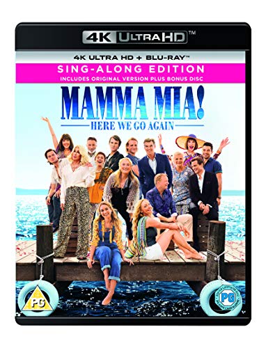 Mamma Mia! Here We Go Again" Blu-ray cover with cast on a dock.