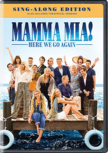 “Mamma Mia! Here We Go Again” DVD cover with cast on a dock.