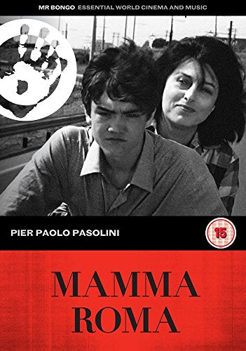 Black and white film poster for “Mamma Roma” featuring a woman and boy.