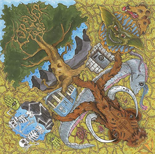Surreal illustration of a mammoth, skeleton, tree, and creature on a yellow patterned background.