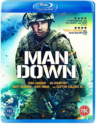 Man Down" Blu-ray cover featuring Shia LaBeouf in military gear, battle scene.