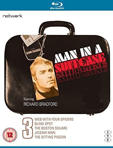 Blu-ray cover for "Man In A Suitcase" featuring a man's face on a briefcase.