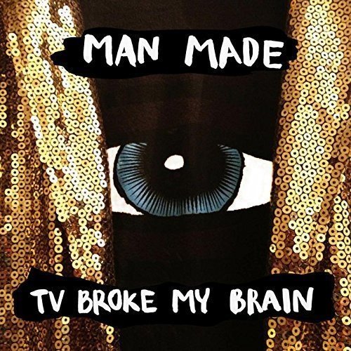 "Album cover with a cartoon eye surrounded by gold sequins and white text."