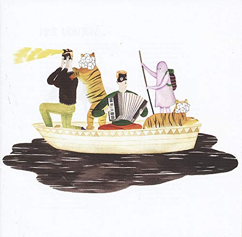 Painted illustration of animal-headed figures in a small boat on water.