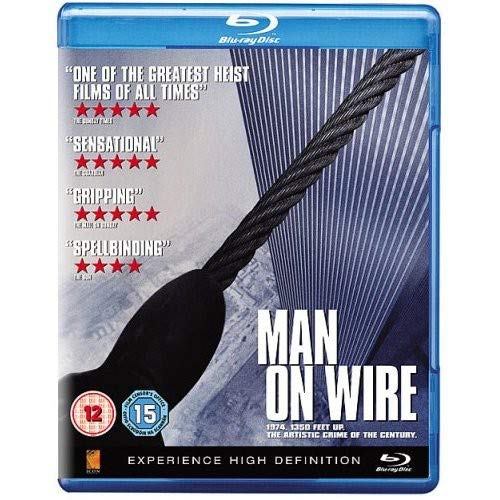 Blu-ray cover for “Man On Wire” showing a tightrope between towers.