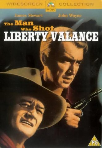 DVD cover for "The Man Who Shot Liberty Valance" featuring James Stewart and John Wayne.