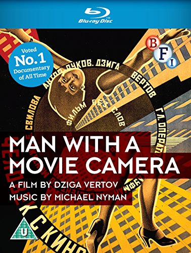 Blu-ray cover for "Man With A Movie Camera" featuring abstract art and legs.