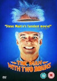 DVD cover for "Man With Two Brains" featuring a man with extra brains.