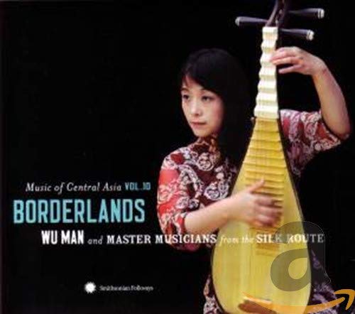 Woman playing a pear-shaped lute, album cover for Central Asian music.