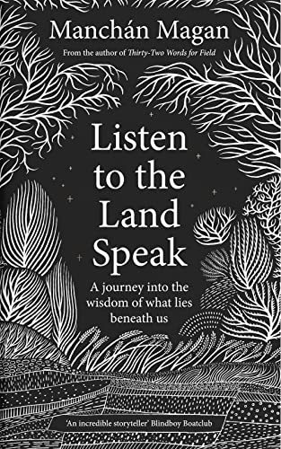 Book cover with black background, white text, and intricate white line-art illustrations of nature.