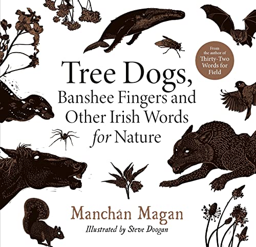 Book cover titled Tree Dogs, Banshee Fingers featuring dark brown illustrations of nature on white.