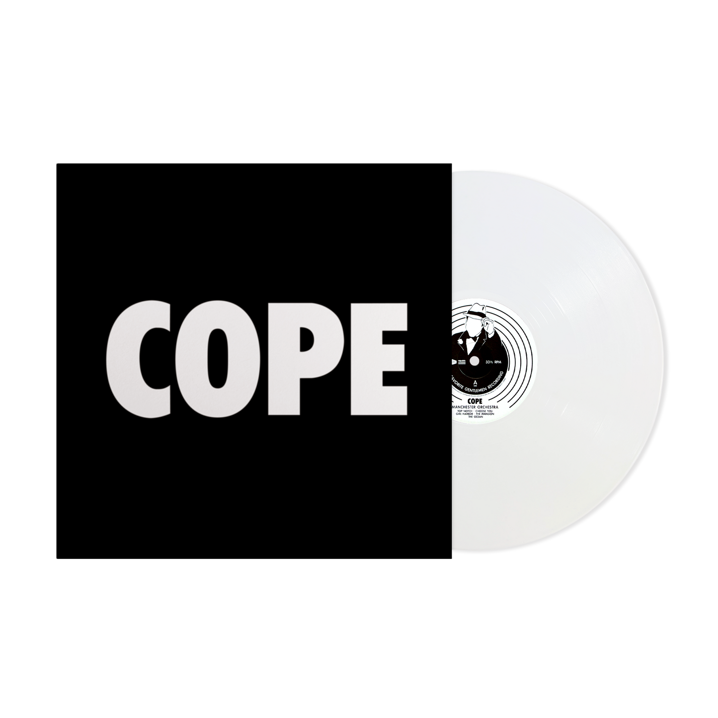 White vinyl LP of Manchester Orchestra’s “COPE” with black album cover.