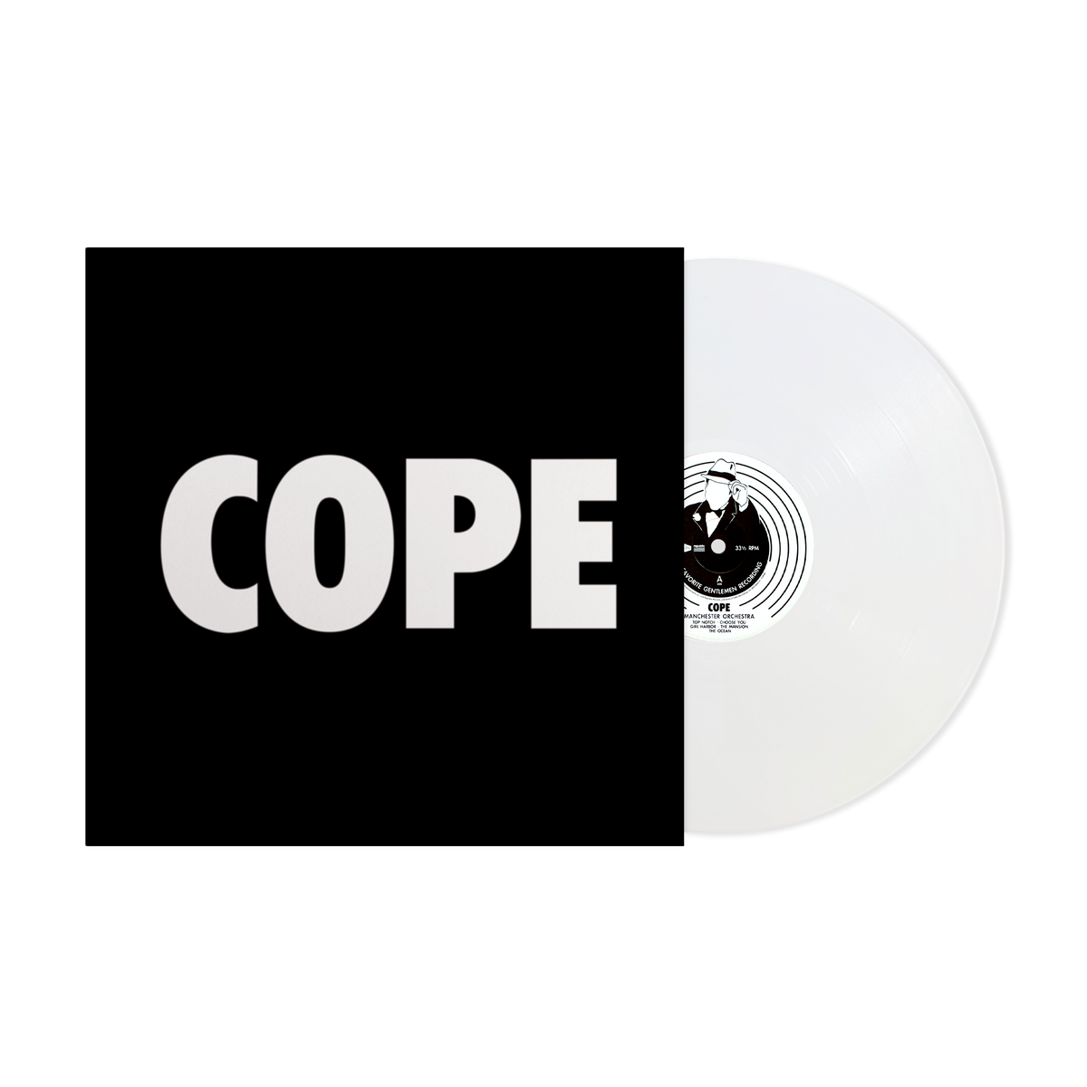 White vinyl LP of Manchester Orchestra’s “COPE” with black album cover.