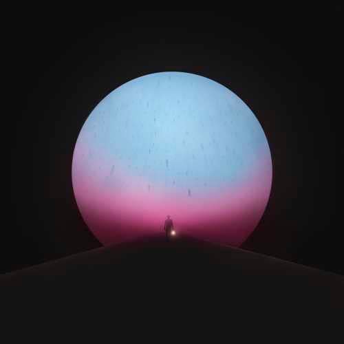 Album cover with a large, colorful orb and a small figure below.