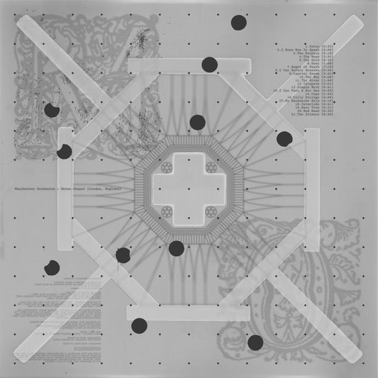Vinyl cover featuring a gray architectural diagram, tracklist, and scattered black dots.