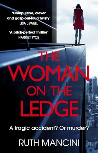 Book cover: woman in red dress standing on a building ledge.